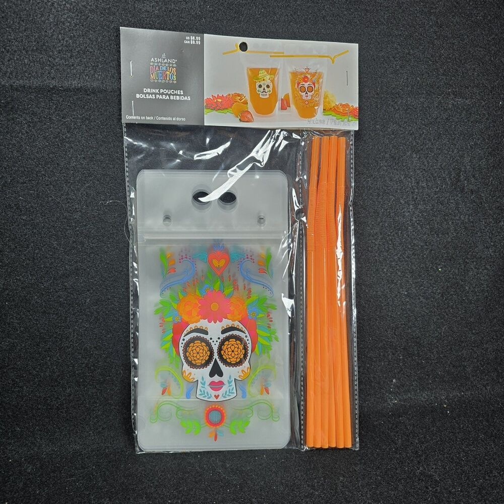 Ashland Halloween Reusable Drink Pouches Pack Spooky Juice Bags Day of Dead 15oz
